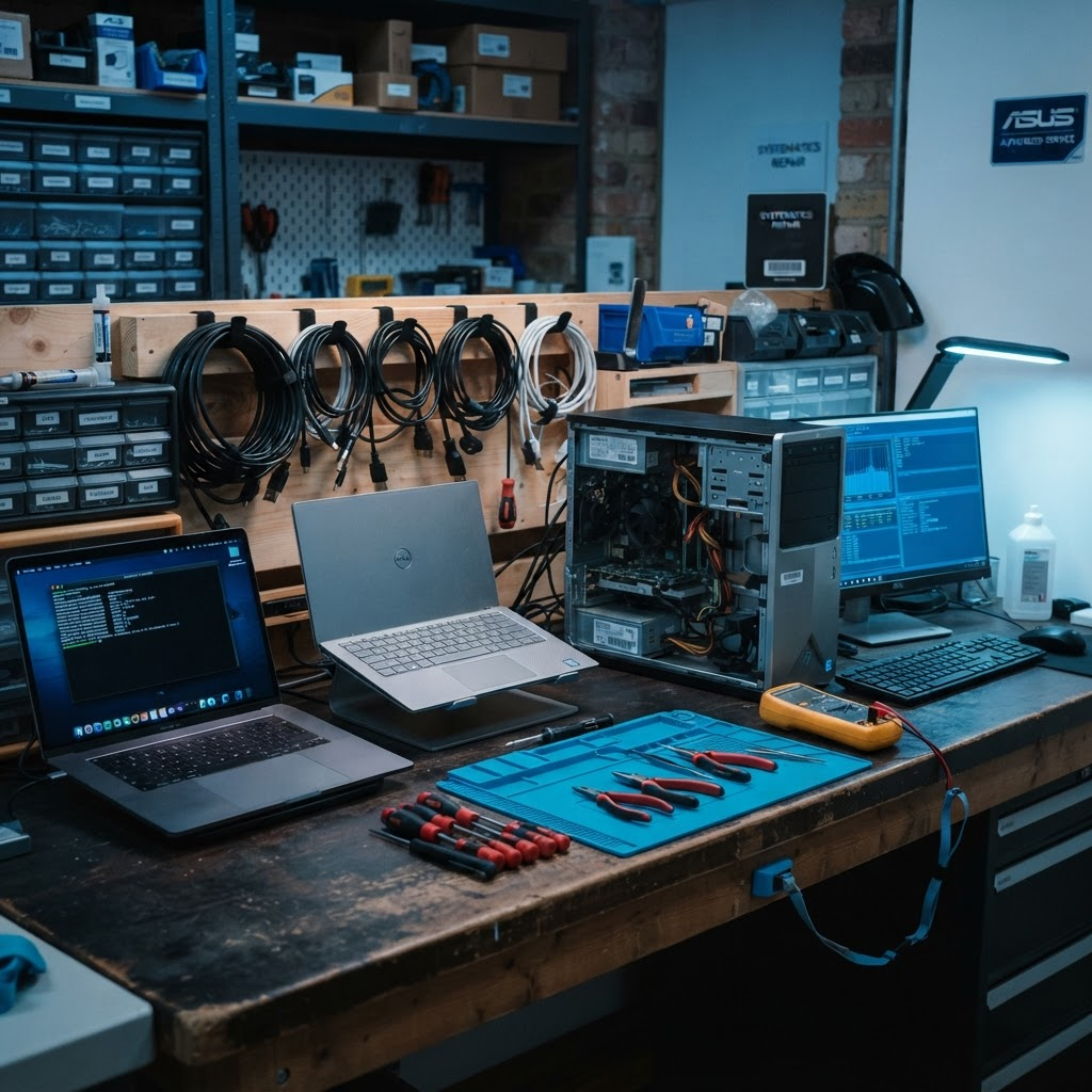 Inside the Metalite PC Technologies repair workshop with shelves of tested devices