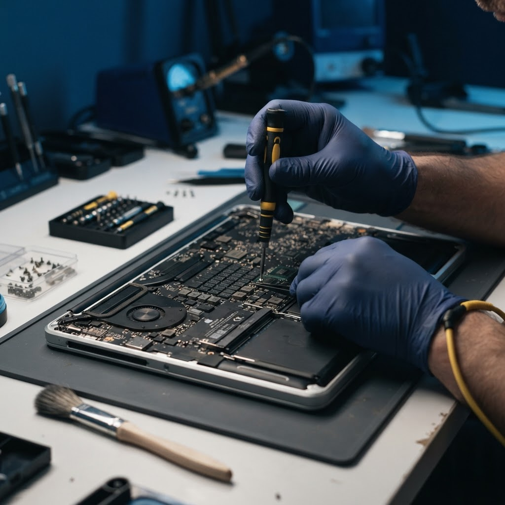 Technician repairing a laptop motherboard on a workbench at Metalite PC Technologies
